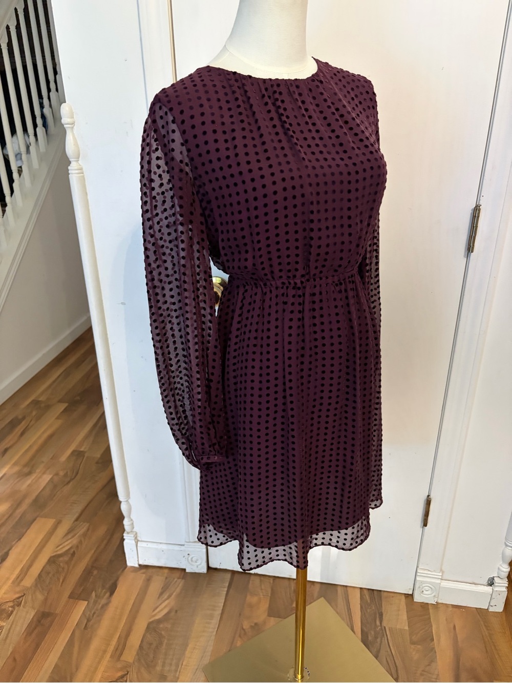Whistles Plum Textured Polka-Dot Long Sleeve Dress W/ Waist Ties, M, Like New,